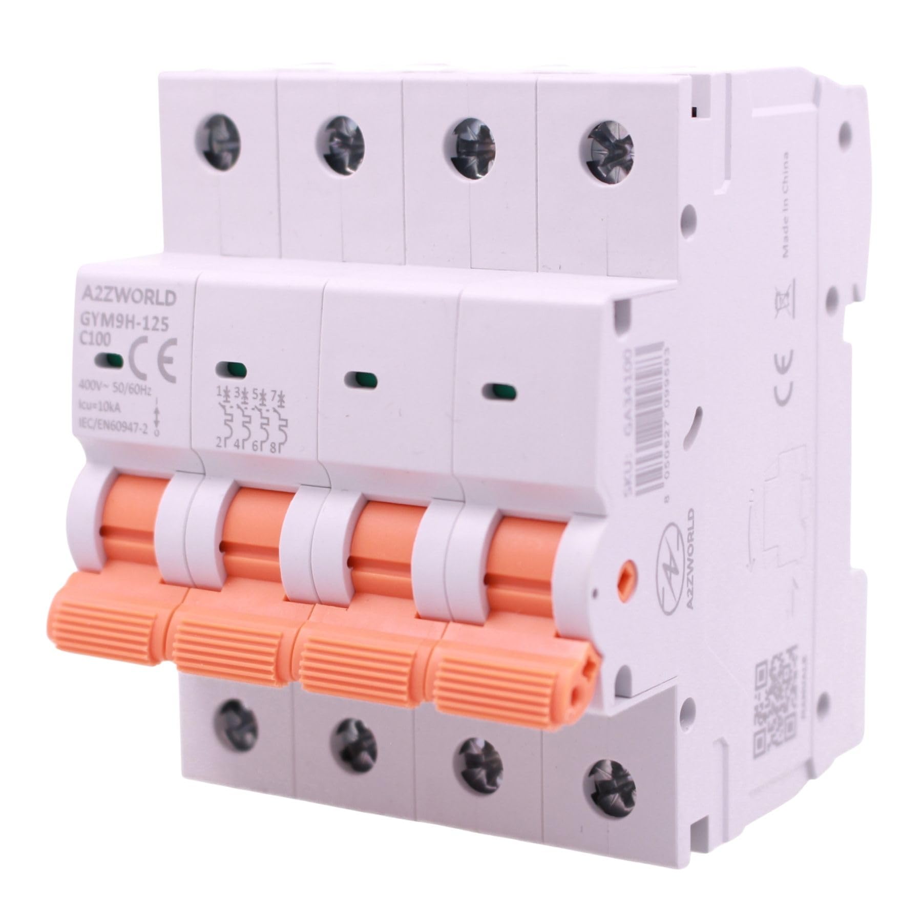 4 interruptores magnetotérmicos trifásicos 4P 100 A C100, curva C 10 kA, 4 módulos DIN 380 V AC, certificado IEC60898-1, serie GYM9H-125