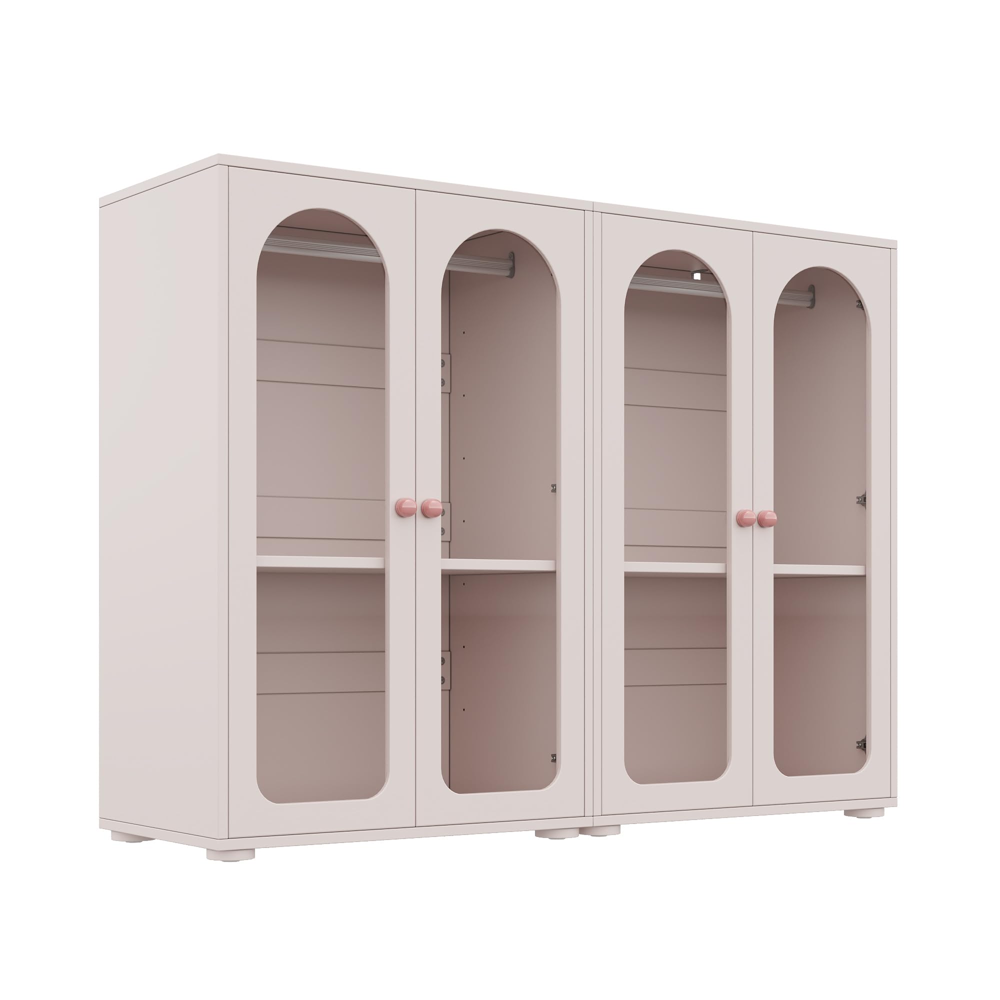 Juego de 2 armarios lacados, color rosa bebé, con barra para colgar, puertas transparentes acrílicas, tiradores de cerámica, armario para niños, armario de almacenamiento para dormitorio