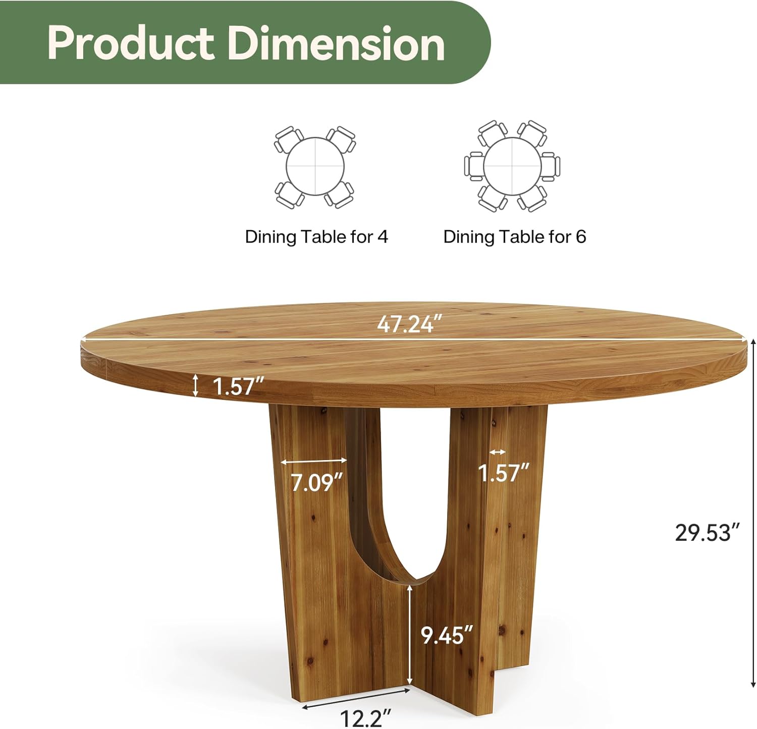 Solid Wood Round Dining Table, 47.2" Farmhouse Kitchen Table for 4-6 People, Kitchen, Living Room, Brown (Only Table)