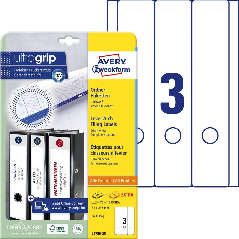 Avery Zweckform L4759-25 90 File Spine Labels (A4 Self Adhesive, Opaque Width/Length 61 x 297 mm) 30 Sheets White
