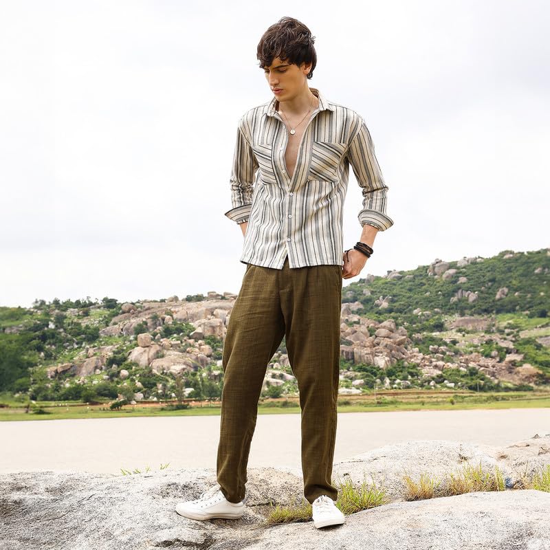 Image of CAHOOT Men's Multitrack Striped Oversized Shirt for Casual Wear | Spread Collar | Long Sleeve | Button Closure | Oversized Shirt Crafted with Comfort Fit for Everyday Wear