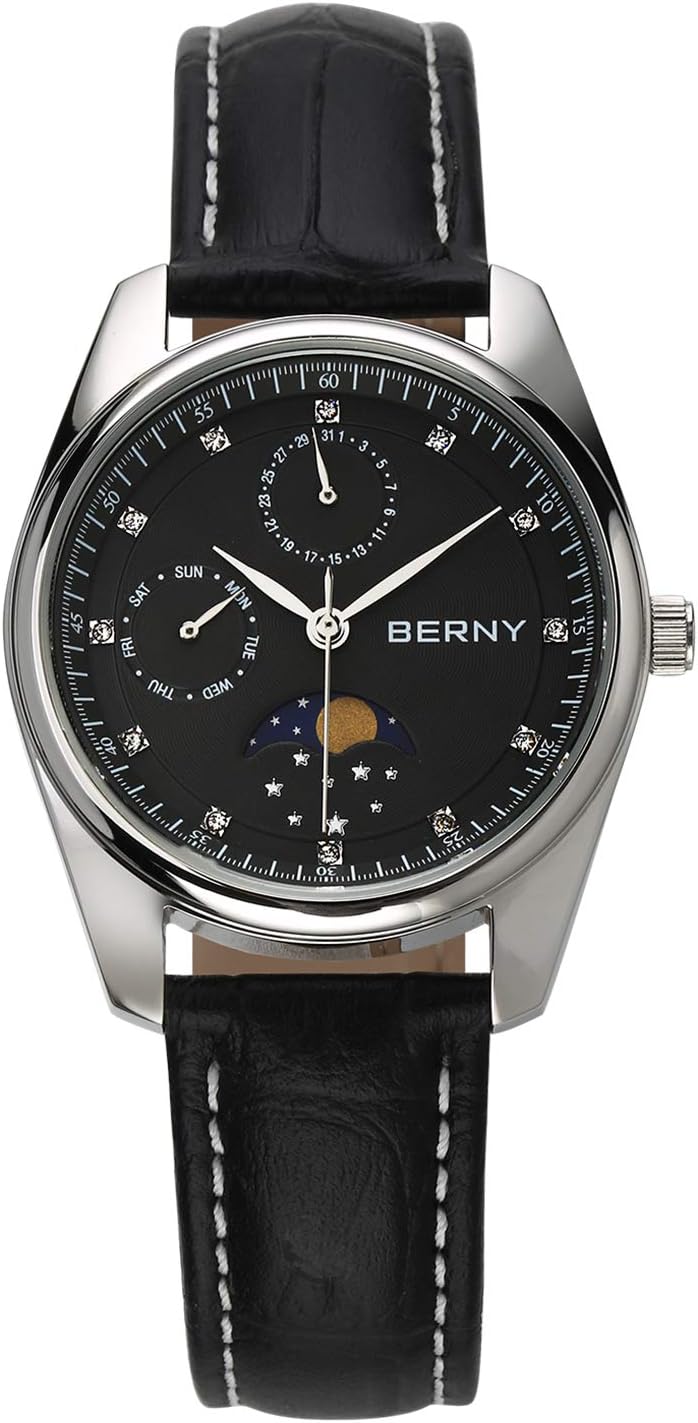 Ladies Watch Wrist Watch Women Watch with Moon Phase and Calendar Window - Stainless Steel Case and Leather Strap, Black-VL