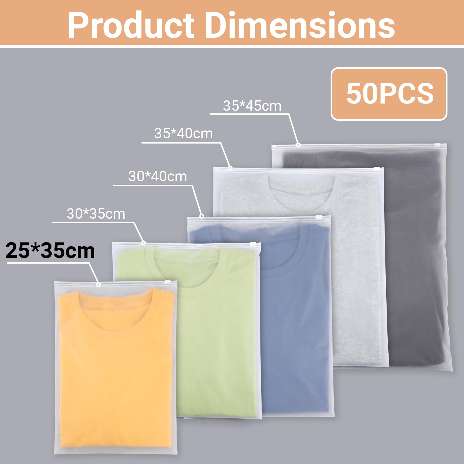 Bolsas Zip Ropa, 50 Piezas 25 * 35cm Bolsas Plastico Esmeriladas para Ropa, para Calcetines, Cosméticos (Sin Orificios de Ventilación)