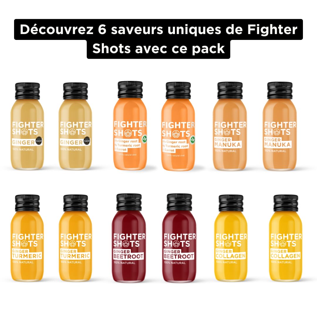 Fighter Shots Pack mixte de 6 saveurs (12x60ml) | 2 Gingembre / 2 Curcuma / 2 Collagène / 2 Betterave / 2 Manuka / 2 Curcuma Végan | 100% Naturel | Sans Conservateurs