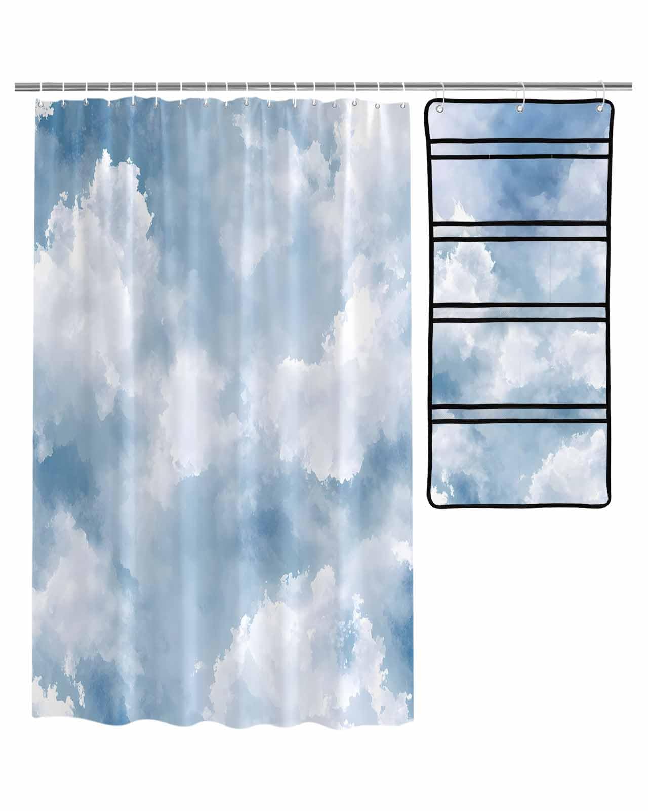 ZFUNCING Shower Curtain Mesh Shower Organizer Set Watercolor Blue Sky White Cloud Waterproof Bath Curtains Hanging Shower Caddy