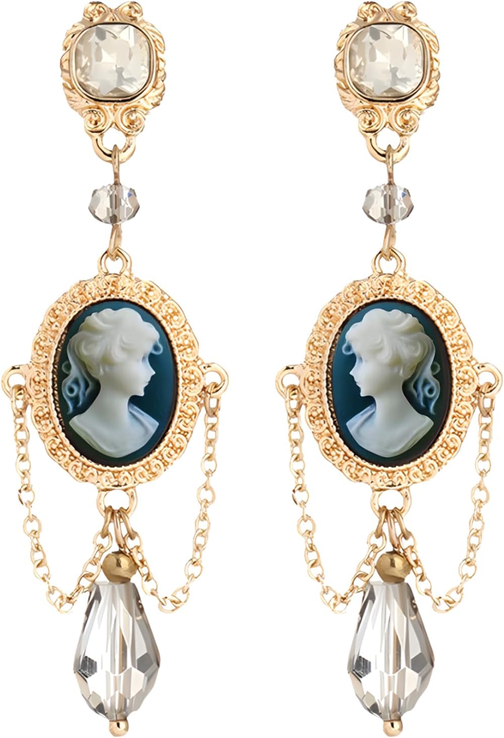Victorian Vintage Cameo Earrings for Women, Antique Gold Chandelier Dangle Earrings, Art Deco Statement Jewelry for Wedding Party Prom