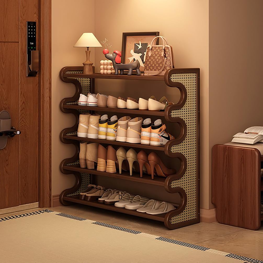 WYRNOBRX Multi-Tiered High-Capacity Bamboo Shoe Rack with Multi-Tiered Shelves Home Living Room Storage Rack Narrow Shoe Cabinet Rattan Sides Space-Saving for Home Entryway,Brown/A,L50*H87*W25