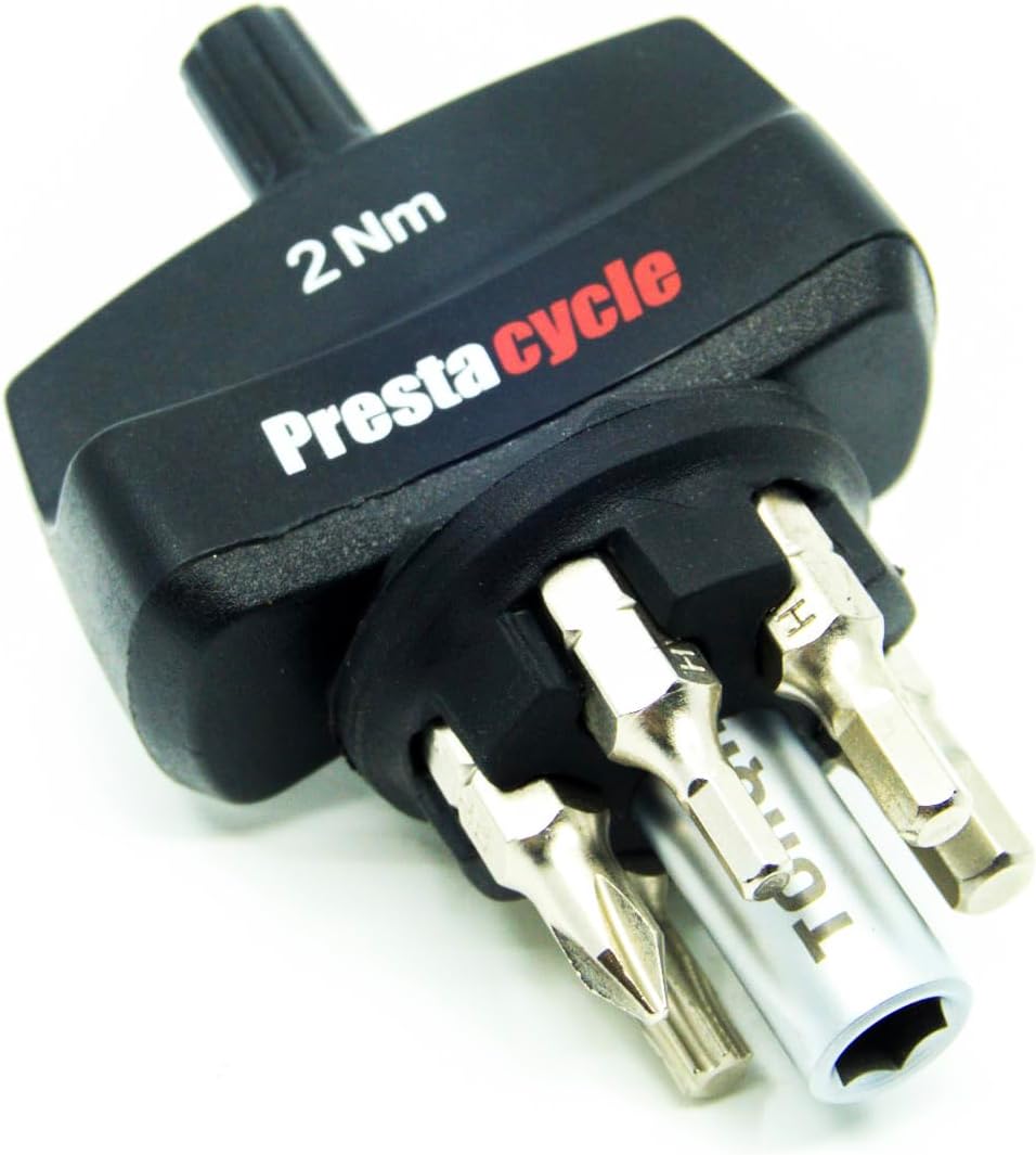 Prestacycle Mini TorqKey – 2Nm Preset Torque Tool with 6 S2 Steel Bits & Holder – Accurate, Compact, Unscrew-Safe – For Bike Maintenance, Torque Wrench for Pre-set Hex, Torx, Phillips Bolts