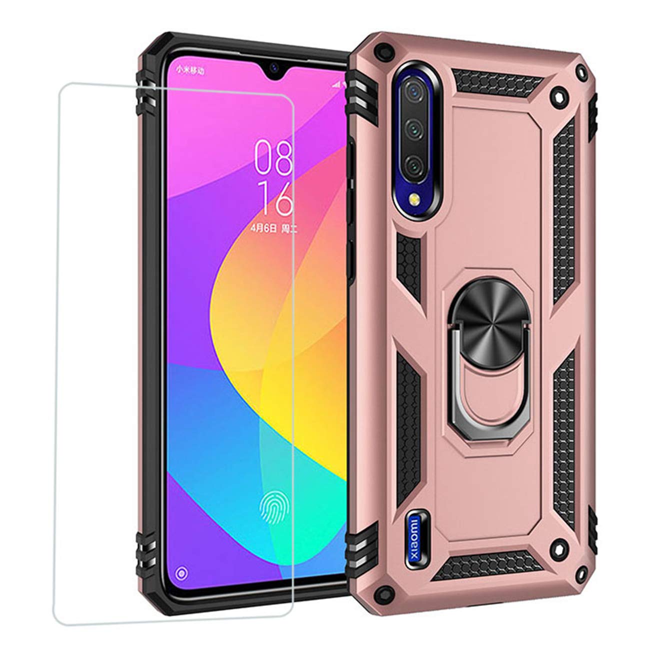 Joytag compatibles para Funda Xiaomi Redmi 9，Carcasa +Cristal Templado Silicona TPU 360 Grados Anillo Giratorio magnético Soporte Caja del teléfono del Coche-Negro — view 12