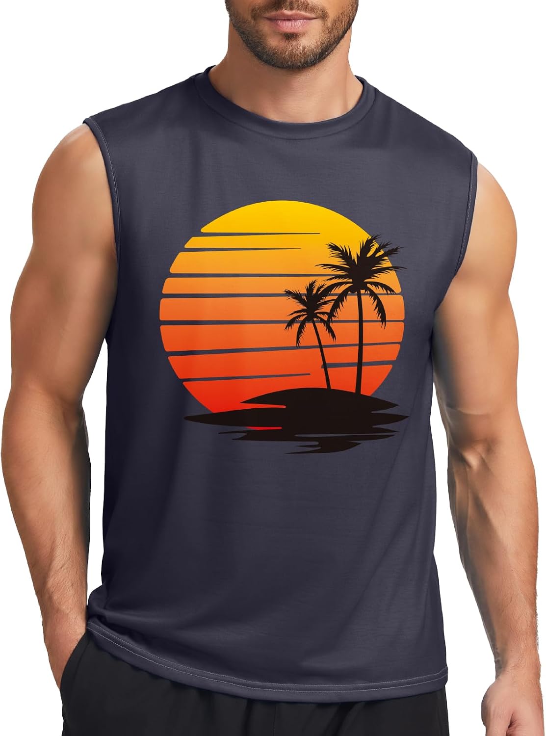 SLIMBELLE Tank Top Men's Summer Sleeveless Sports Muscle Shirt Fitness Gym Training Vest Fit Workout Palm Tree Printed Undershirt Men
