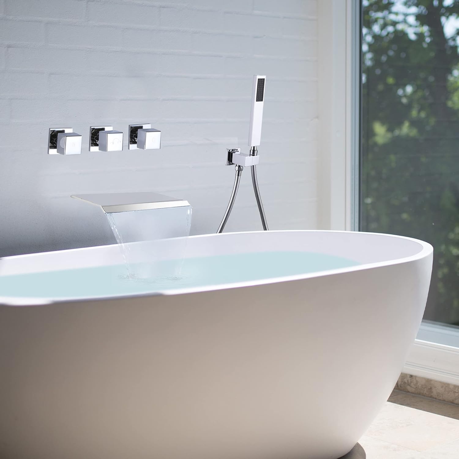 3 Handle Roman Tub Faucet Waterfall Tub Filler Faucet Wall Mount 5 Hole Bathroom Bathtub Faucet Waterfall Bathtub and Shower Faucet Wall Mount Modern Tub Faucet, Chrome