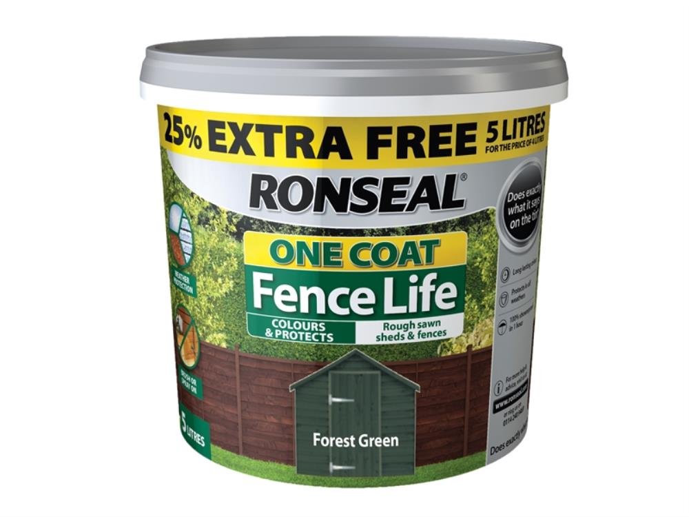 Ronseal RSLFLFGN4LAV One Coat Fence Life Forest Green New 4 Litre +25%