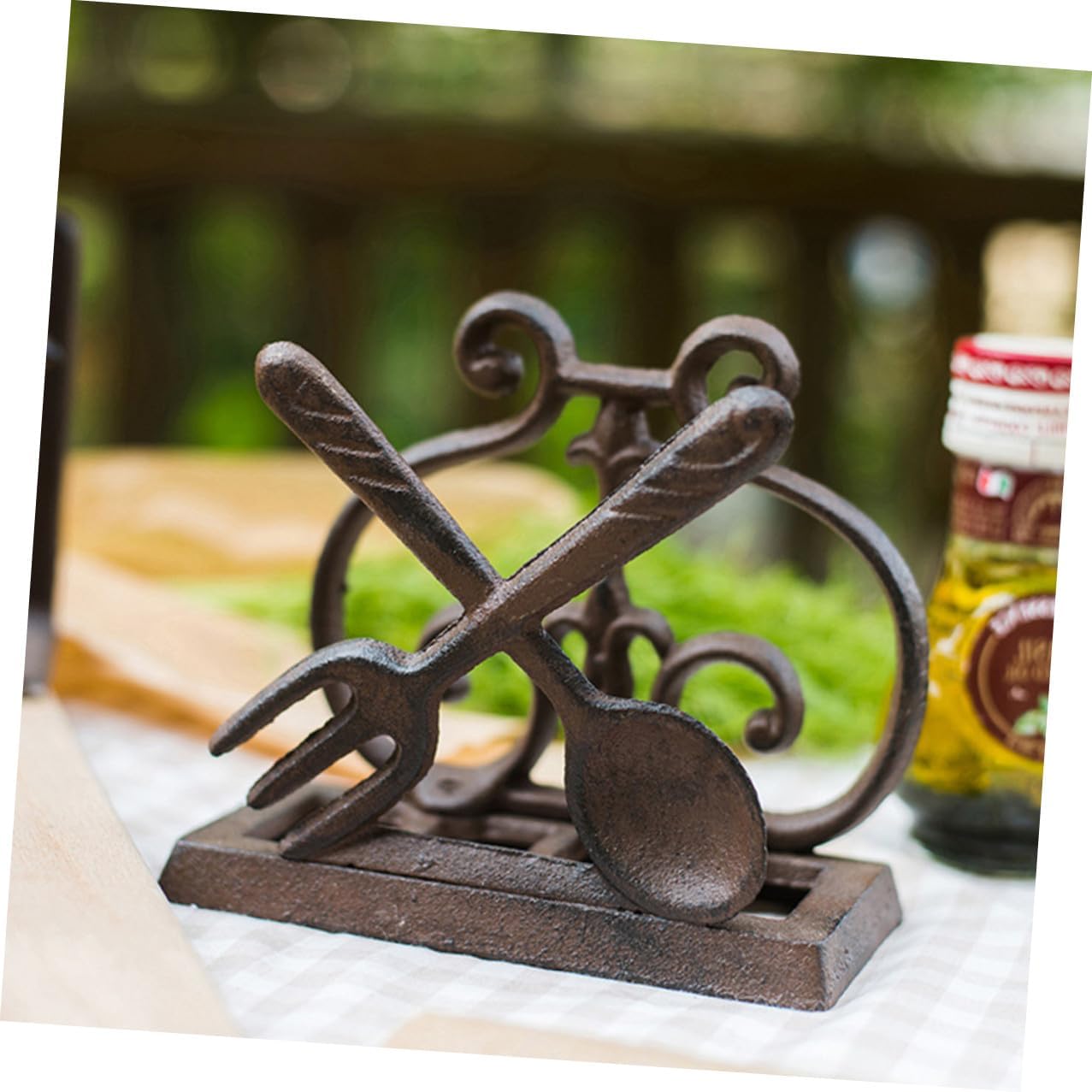 Cast Iron Napkin Holder and Vintage Menu Stand, Iron Art Desktop Organizer Bookend Function, Rustic Kitchen Tissue Holder for Tabletop Use