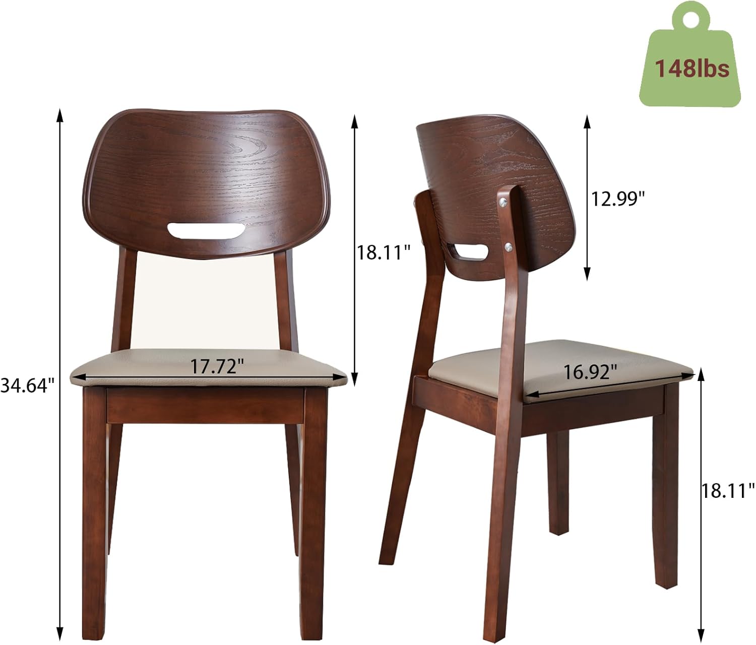 Solid Wood Dining Chairs Set of 2, Upholstered Modern Dining Table Chairs, Mid Century Kitchen Chair with Curved Backrest, for Farmhouse, Restaurant, Café (Walnut Color)