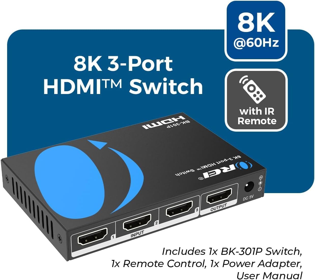 OREI 8K 3-Port HDMI 2.1 Switch, 3 Zoll 1-Out, 8K @ 60Hz, manueller & automatischer Schalter