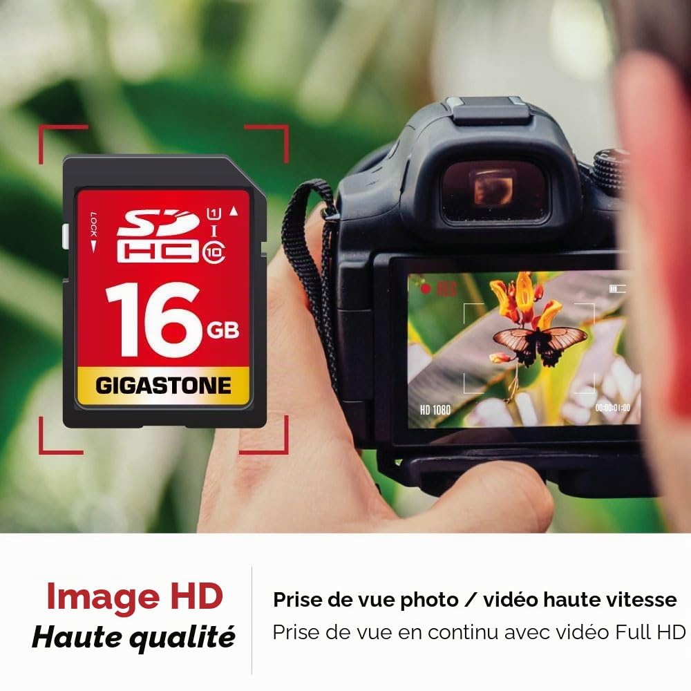 Gigastone 16 Go SDHC Carte Mémoire, Prime Série, Vitesse de Transfert allant jusqu'à 80 Mo/s. pour photos, vidéos, musique, fichiers, Caméscope, Caméra, PC, Classe 10 U1 UHS-I