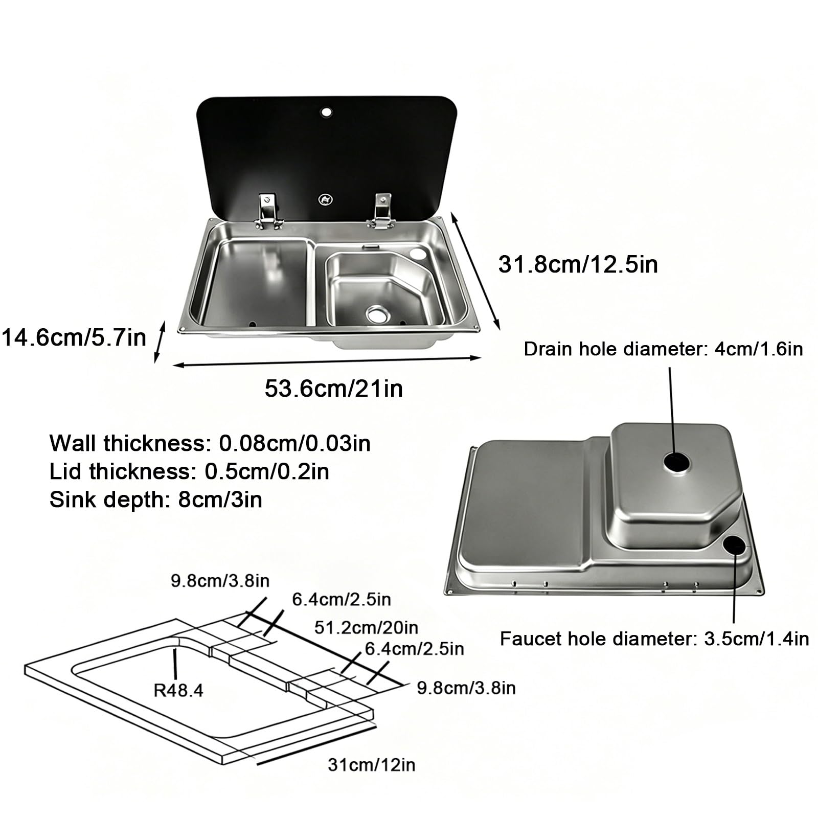 Fregadero Camper, Fregadero Cocina con Grifo Integrado, Tapa Oculta, Escurridor, Acero Inoxidable 304, para Bar, Food Truck o Caravana