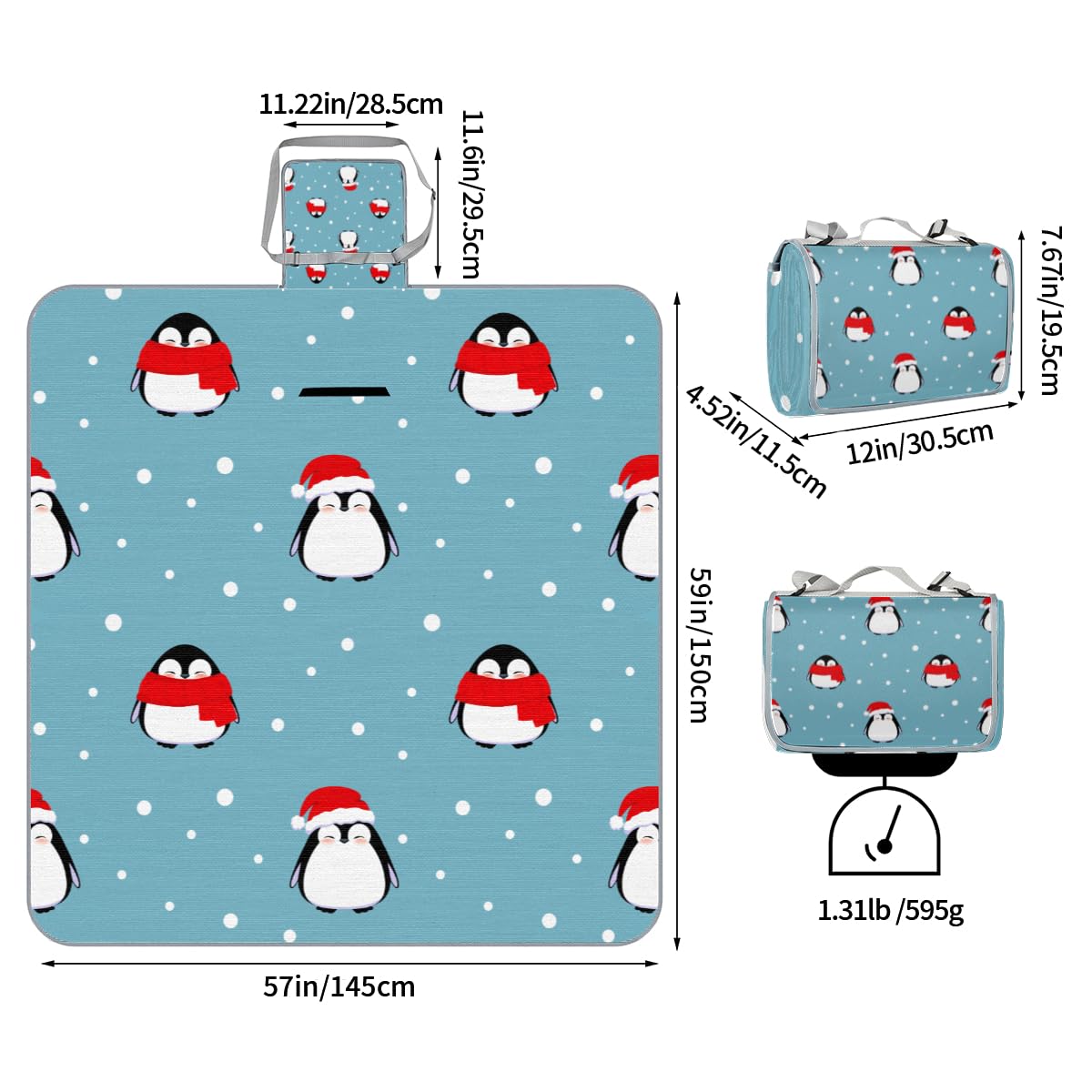Shimoshe Picnic Blankets 57”x 59”, Christmas Penguin Patterns Waterproof Sandproof Picnic Mat Lightweight Foldable Beach Blanket for Camping Park Grass Beach Outdoor Blanket