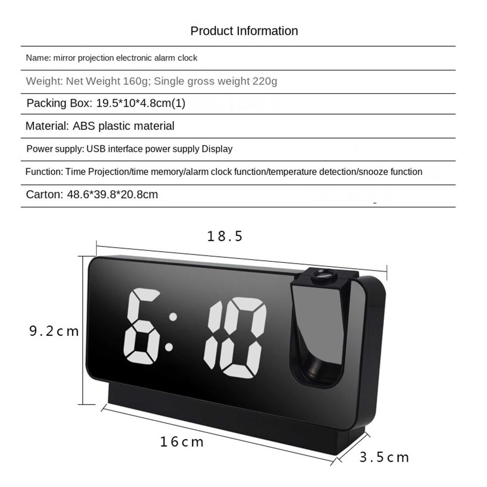 Moderner Einfacher Projektionswecker, LED-Großbildschirm, Digital, Geräuschlos, Elektronische Uhr, Desktop-USB-Plug-in, Leuchtende Schreibtischuhr Klare Projektion(Black)