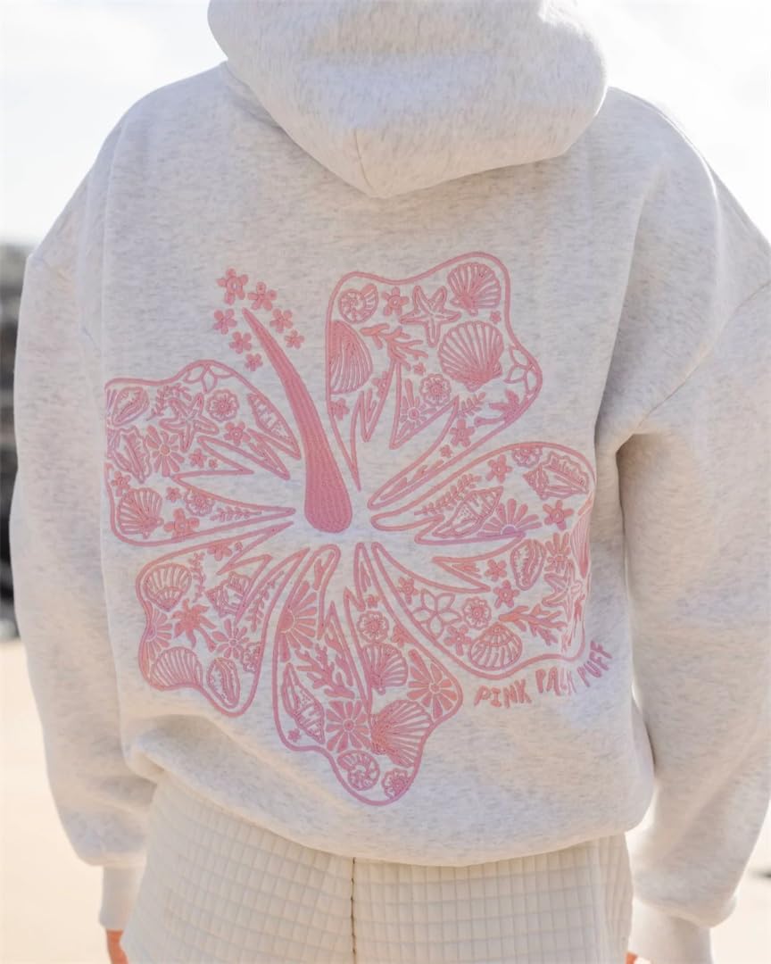 Felpe con Cappuccio Donna Tropical Floral Flower Beach Felpa Pink Palm-Puff Hoodie Pullover Manica Lunga Outwear Tops con Tasca