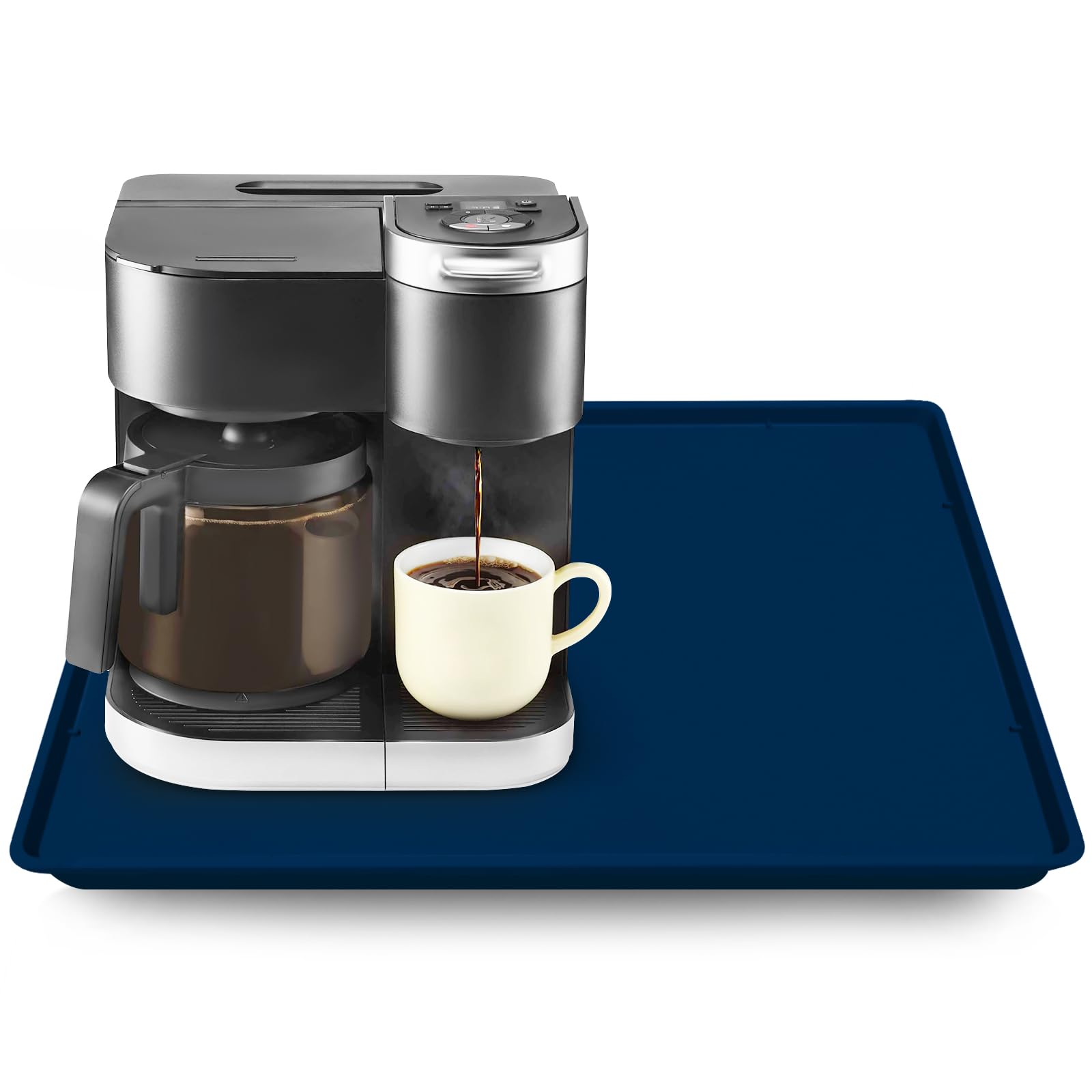Silicone Coffee Maker Mat with Lip for Countertops, 19.7'' x 15'' Navy Blue