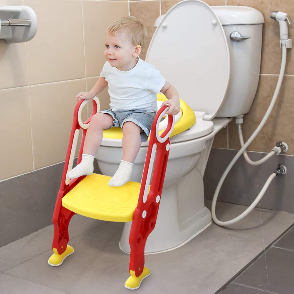 Greensen Toilettensitz Kinder mit Treppe Toilettenaufsatz Toilettentrainer Kinder Toilettensitz Faltbar Töpfchen Verstellbarer Trainingssitz mit PU Kissen und Griffen Töpfchen für Kinder