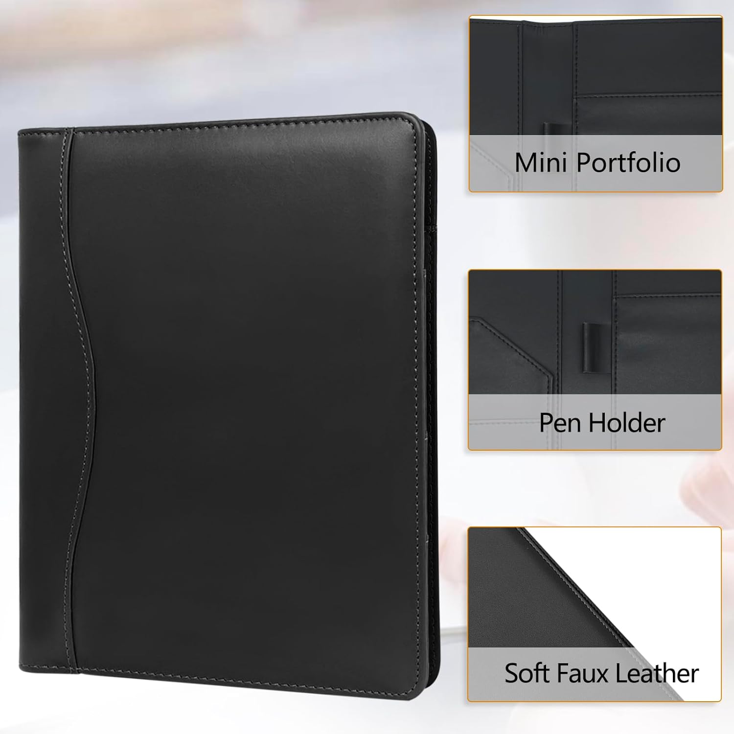 Leather Portfolio Binder 5 x 8, Mini Soft Leather Padfolio A5 Business Binder Legal Writing Pad Junior Size Document Organizer for Present Gift Kid Men Women Black - Image 4