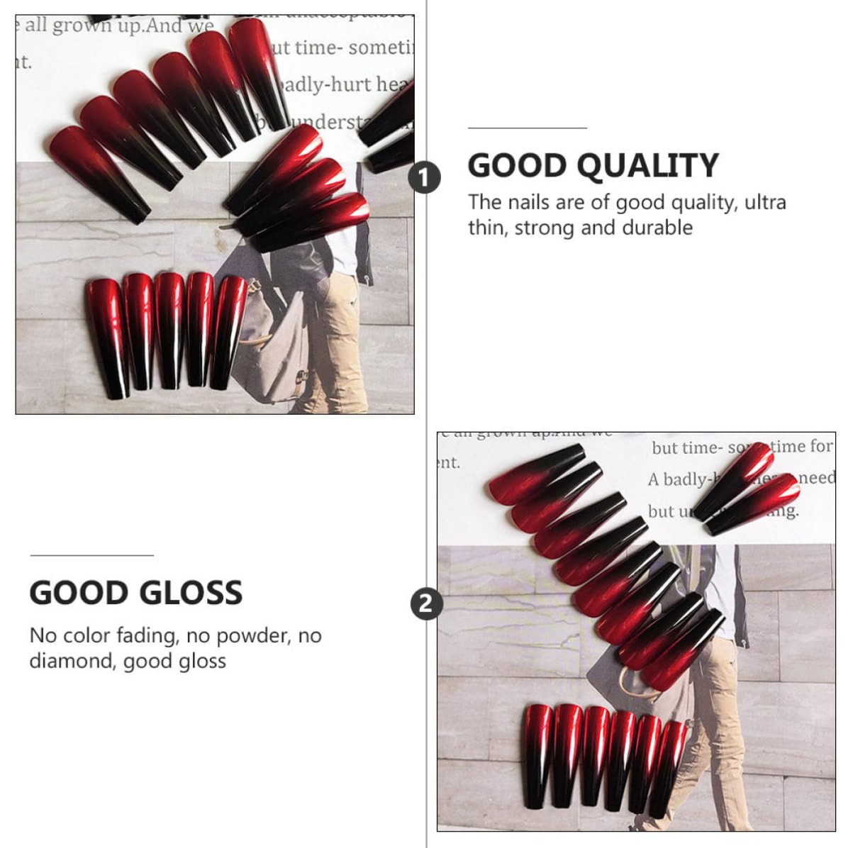 SUPVOX 2 Box 48pcs Glossy Gradient Burgundy and Ebony Press on Nails Full Cover Ballerina Fake Nail Tips for Parties and Costume Ball Style