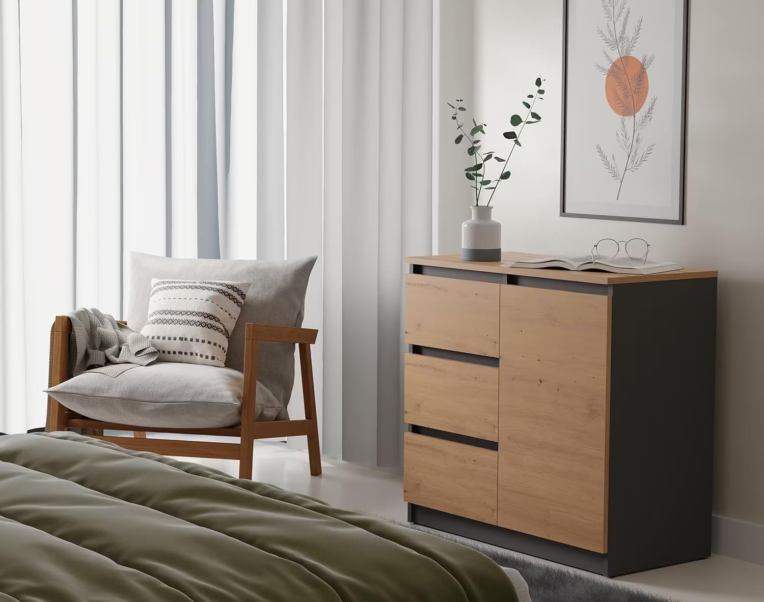 CDF Kommode Anthrazit Artisan 1 Tür und 3 Schubladen Komode & Sideboards Sideboard 75 cm Hoch Wohnzimmer Schubladenkommode Komodenschrank 40x80x75 für Schlafzimmer Arbeitszimmer Flur Schubladenschrank