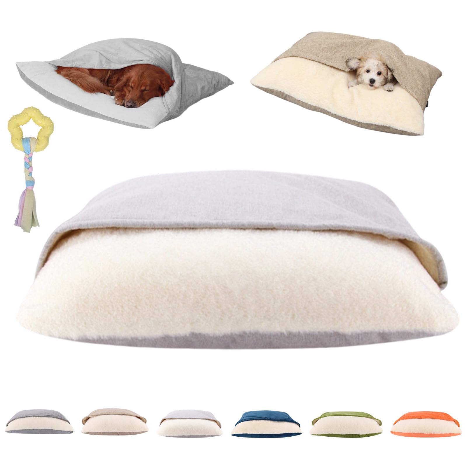 Snoozie Snuggle Burrow Bed, Snuggleburrow Calming Dog Cave Beds with Ultra-Soft Built-in Cover, Soft Plush Square Hooded Mats, Pet Sleeping Removable Washable Pad Bags (Silver,L (23.6*29.5 in))