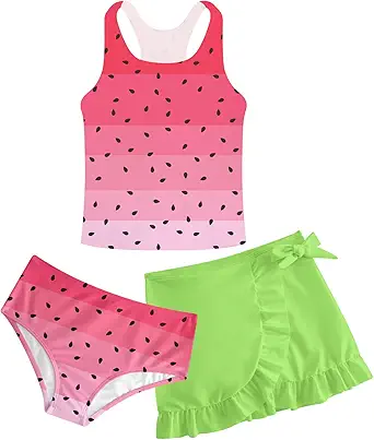Girls Swimsuits 3 Piece Tankini Bathing Suit Set Cute Bikini Swimwear with Cover Ups Beach Skirt 5-16 Years