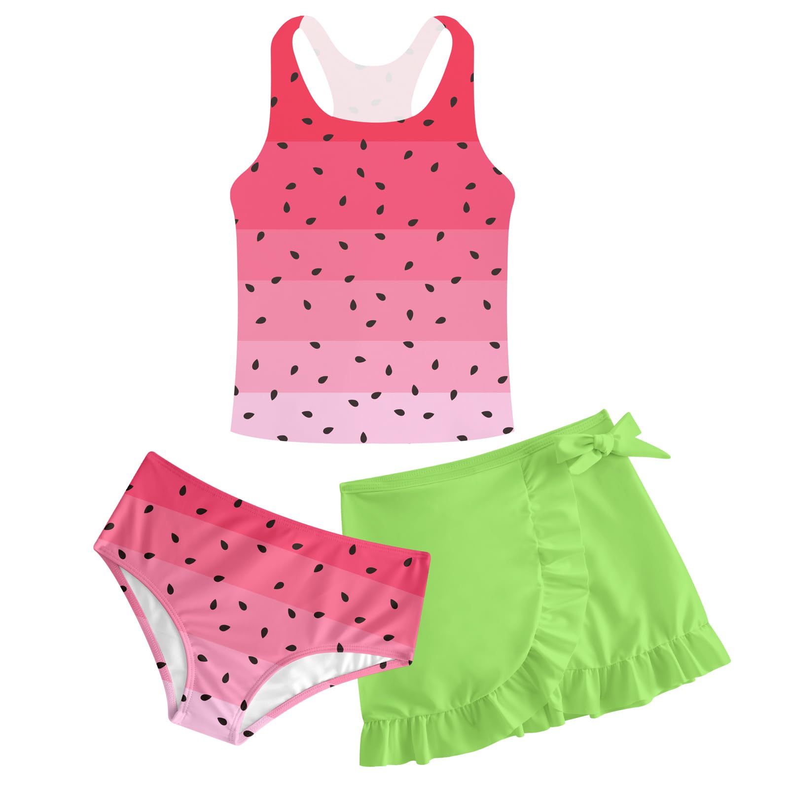 Girls Swimsuits 3 Piece Tankini Bathing Suit Set Cute Bikini Swimwear 5-16Y | 3 Piece, Padded, Cover Up Skirt, Lightweight，Breathable， No Shrink, No Fade, 3D Print Swimsuit for Beach Holiday Vacation