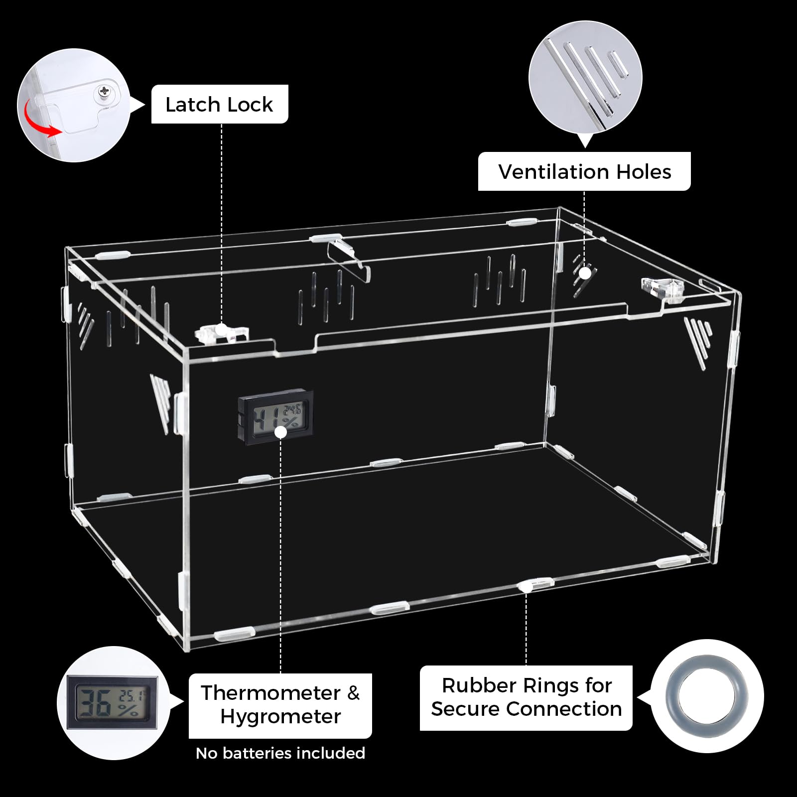 Homtone Terrario de acrílico, terrario de caracoles de temperatura e higrómetro, caja grande transparente para reptiles, caja de cultivo de reptiles portátil, camaleón (39 x 25 x 19 cm)