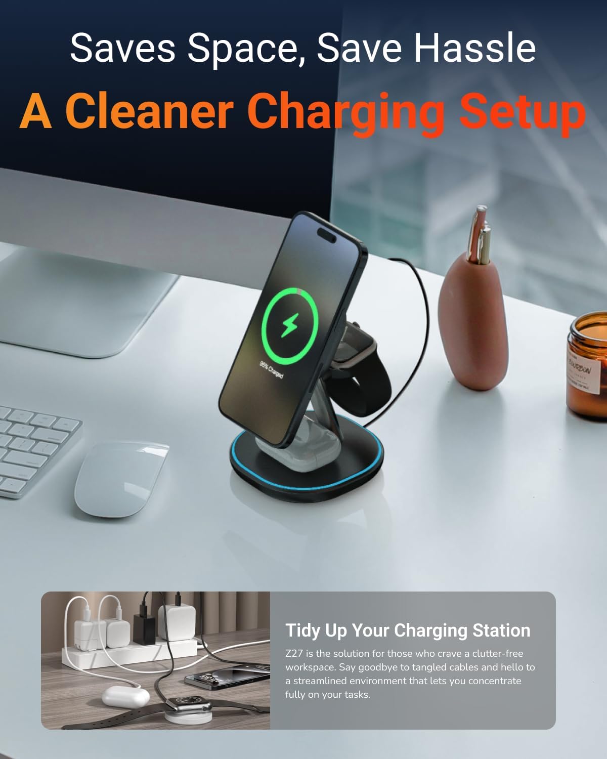 M.A.D LAB Qi2 Wireless Charger 3 in 1 Charging Station for Multiple Devices - MagSafe Compatible, LED Light, 15W Fast Charging Station for iPhone, Android Phones, Apple Watch, and AirPods (No Adapter)