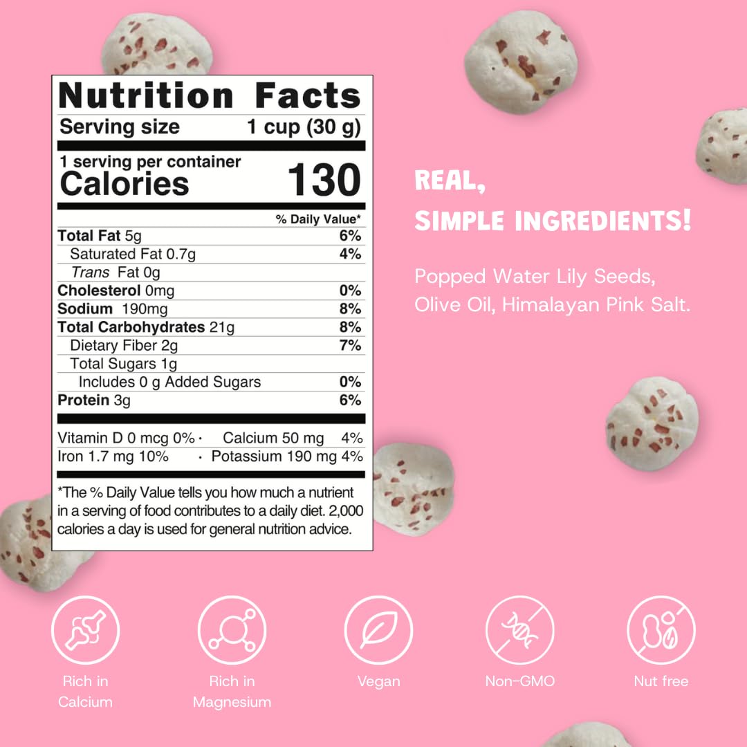 NutriPop Popped Water Lily Seeds Snack, Himalayan Pink Salt, 6-Pack | Fox Nuts (Makhana) | Light & Crunchy Savory Snack - Gluten-Free, Vegan, Paleo, Nut-Free, Corn-Free, Soy-Free, Non-GMO