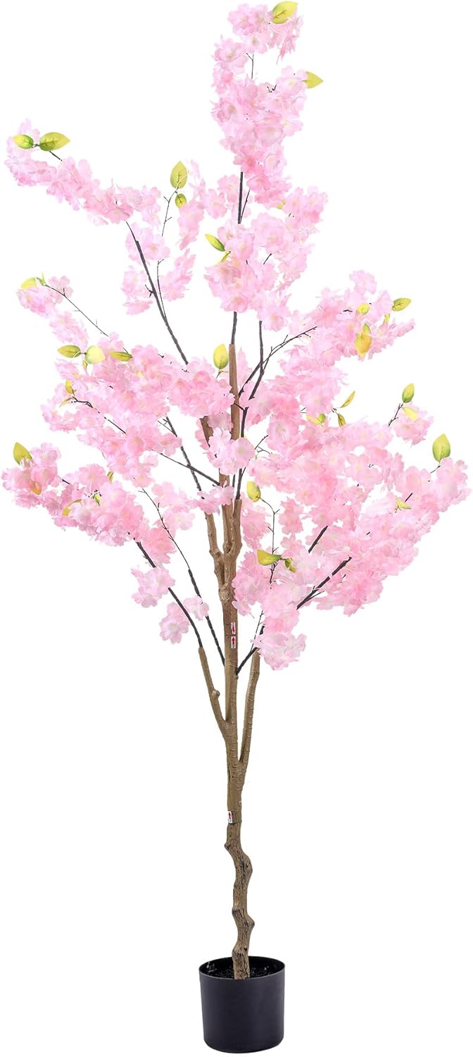 Artificial Cherry Blossom Tree Decor: 6FT Tall Handmade Lifelike Pink Faux Cherry Blossom Tree - Realistic Silk Fake Flower Sakura Tree for Party Wedding Christmas Indoor Outdoor Home Decor