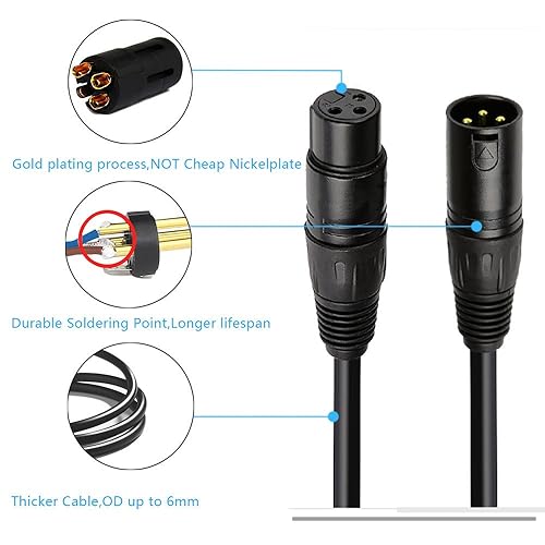 Miniatura 2 de Cable DMX de 6 pies, cable DMX chapado en oro de 3 pines XLR macho a hembra, lo mejor para iluminación de escenario de DJ, luces de cabeza móvil,