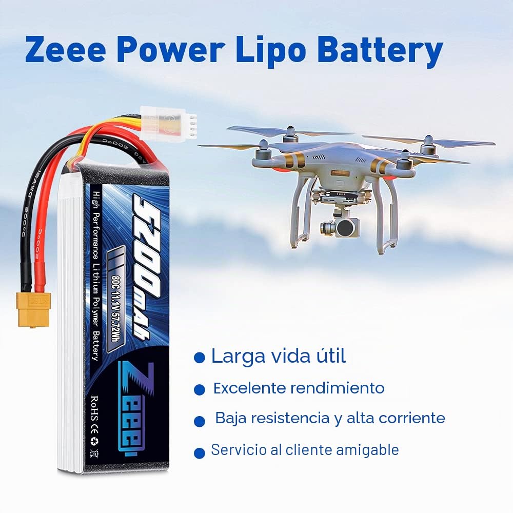 Zeee 3S LiPo Batería 5200mAh 11.1V 80C con Conector XT60 para RC Hobby (2 Paquetes)