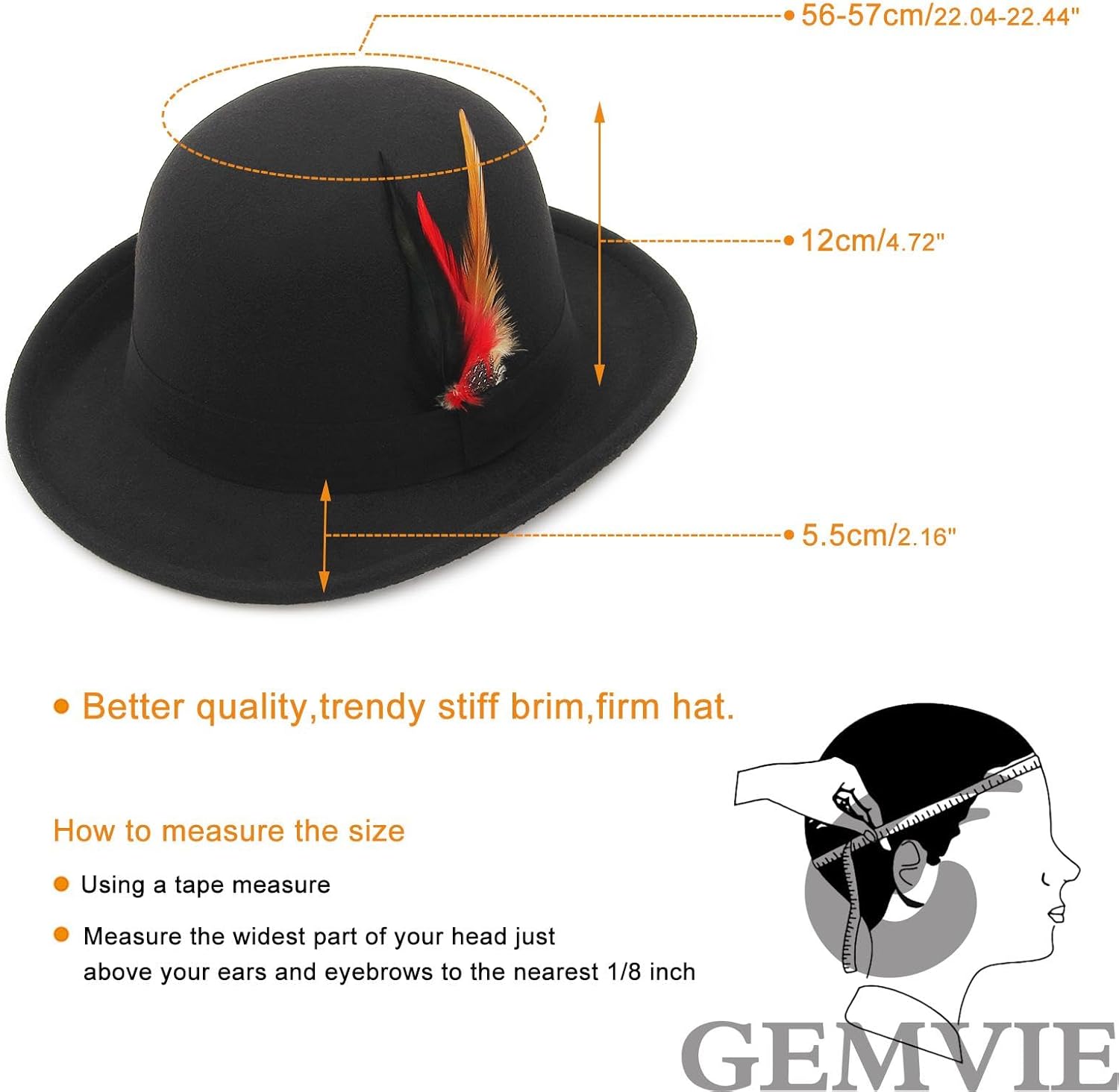 GEMVIE Vintage Bowler Hats for Men Women Short Brim Fedora Crushable Cloche Hat with Feather Band - Image 6