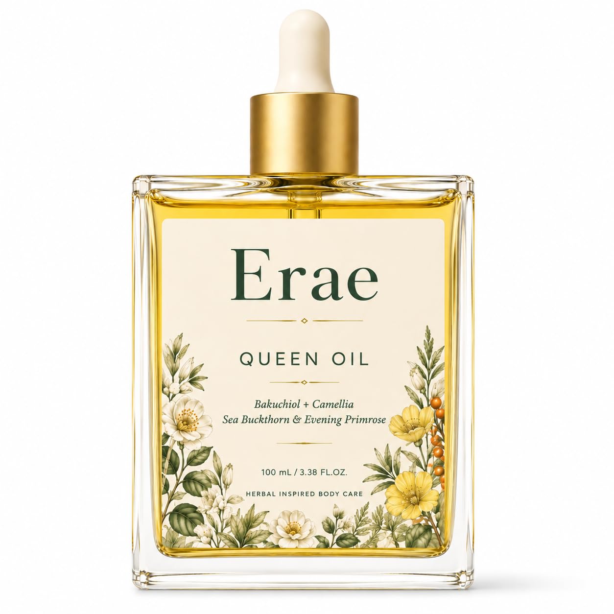 Erae Queen Body Oil, with Bakuchiol, Camellia Seed Oil, Sea Buckthorn, Lightweight Dry Body Oil for Soft, Smooth-Looking Skin, Fast-Absorbing Daily Moisturizing Care, 3.38 Fl Oz