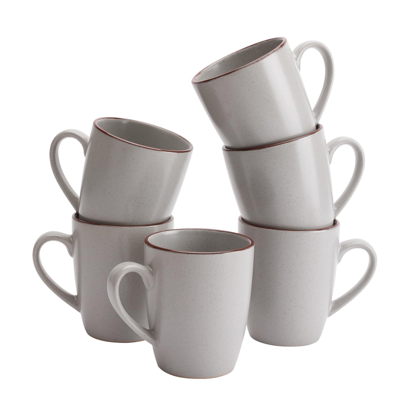 Richmount Venus Coffee Mugs Sets of 6, 13oz/370ml Stoneware Tea Cups with Large Handle and Burgundy Trim for Latte/Cappuccino/Milk/Cocoa/Tea, Microwave & Dishwasher Safe, Light Gray