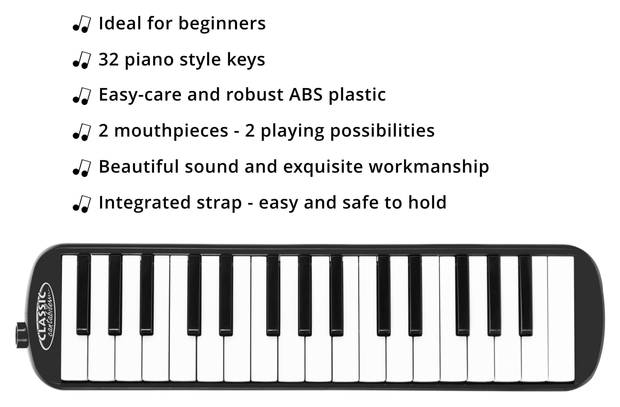 Classic Cantabile FML-32 BK Melodica - 32 tasti (f-c³), libretto con 5 canzoni per bambini, adesivi, custodia, bocchino e tubo soffianti - colore nero.