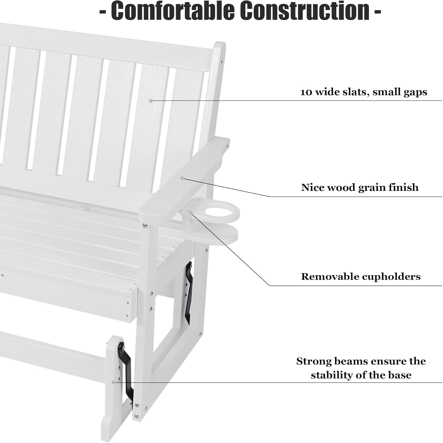 Poly Lumber Patio Glider, HIPS Material Weather-Resistant Swing Bench for Outdoor Porch Garden, White