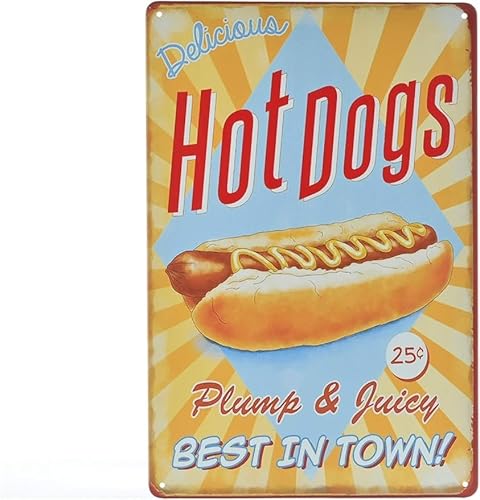 Letreiro de metal vintage com texto em inglês "hotdogs Fast Food Shop"