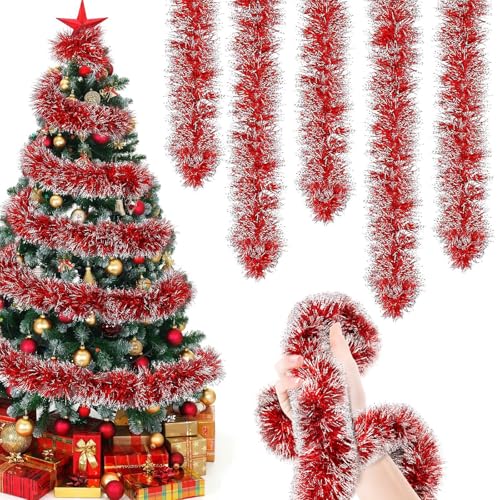 Christmas Tinsel, 10m Long Red and White Tinsel Garland for Christmas Tree Decorations, Hanging Tinsel for Indoor and Outdoor Holiday Decor, Party Backdrops Wall, DIY Christma Crafts (Red)