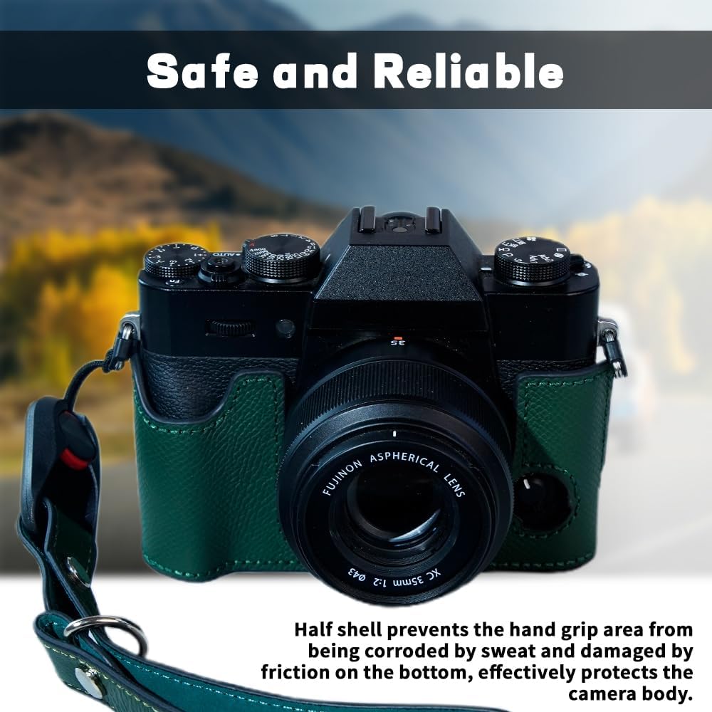 Bowan X-T30 Camera Case, Handmade Genuine Real Leather Half Camera Case Bag Cover for X-T20 X-T10 Camera Bottom Opening Version + Hand Strap(Green)