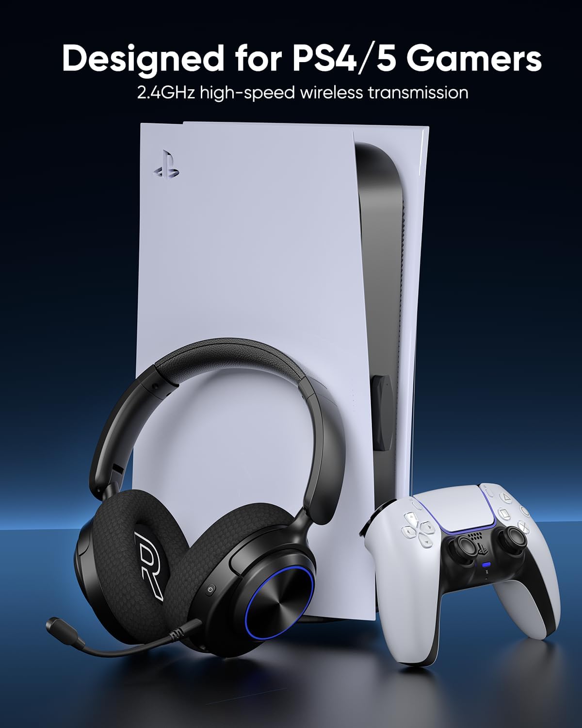 INGA Wireless Gaming Headset for PS5, PS4, PC, Mac, Switch, Game/Chat Balance for PS5/4, 2.4GHz/Bluetooth 5.2, ENC Noise-Cancelling Mic, 7.1 Surround Sound, 3.5mm Wired for Xbox Controller (Blue LED)