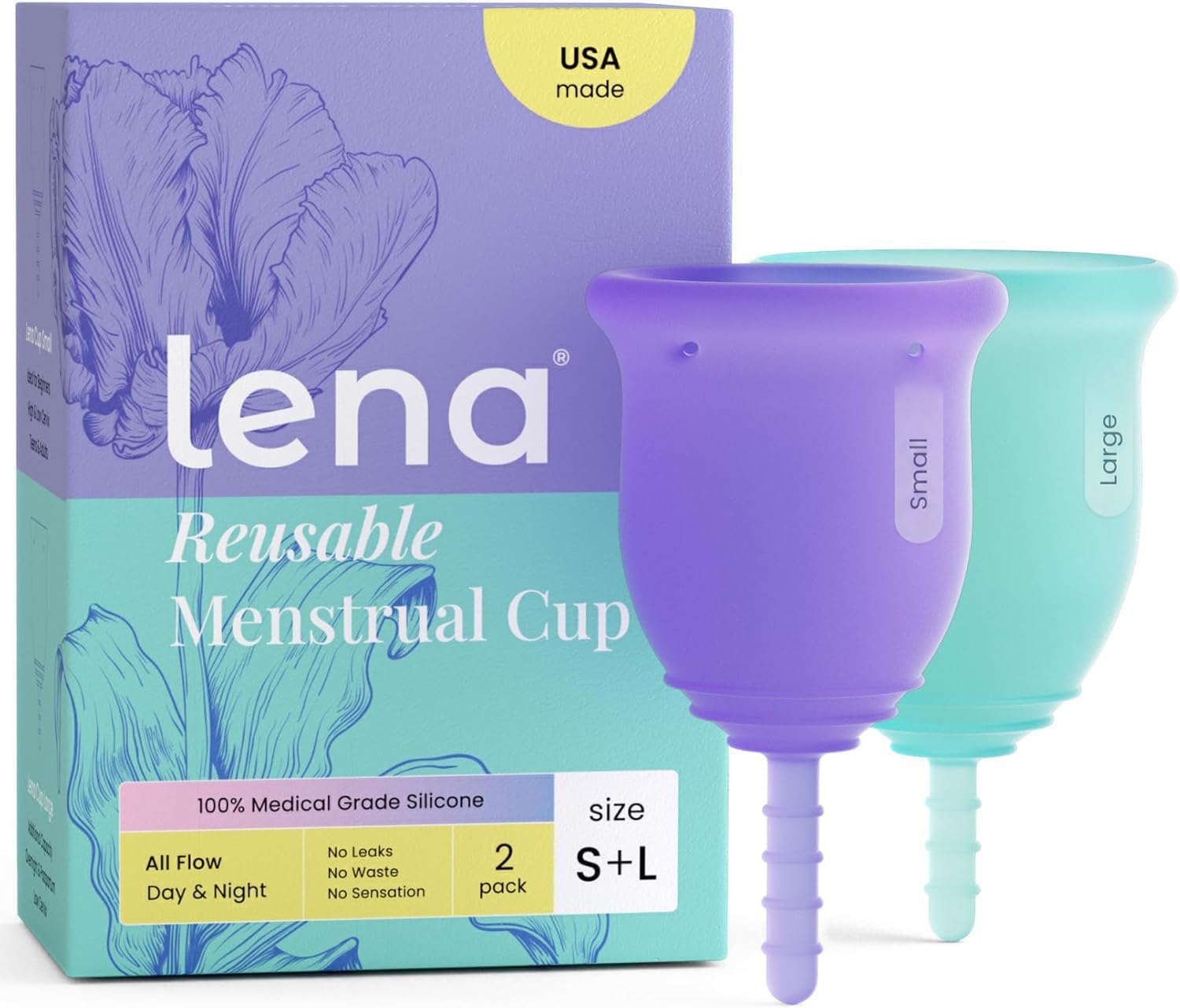 Lena Menstrual Cups Original 2-Pack Set (Small & Large) Soft Medical-Grade Silicone Period Cups for Women Heavy Flow, Reusable 12-Hour Leak-Free Comfort, Feminine Care, Purple and Turquoise
