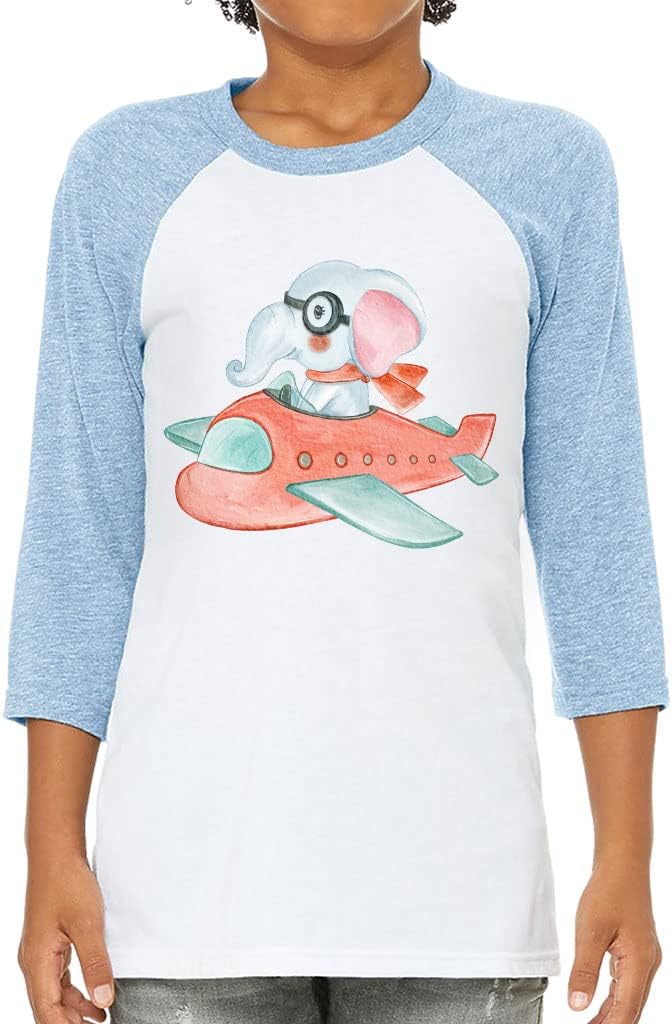 Elephant Flying Plane Kids' Baseball T-Shirt - Art 3/4 Sleeve T-Shirt - Animal Art Baseball Tee