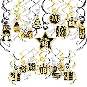 HOWAF 18. Geburtstag deko für Junge, 30 Stück Schwarz Gold 18. Geburtstag Hängend Wirbel Dekoration, 18. Geburtstag…